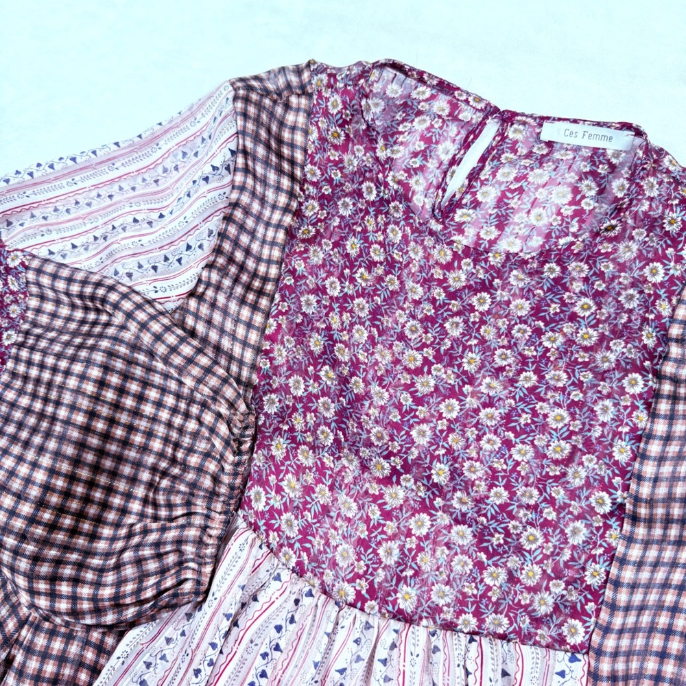 Ces‎ Femme Tunic Top Floral Plaid Patchwork Cottagecore Bohemian Women's